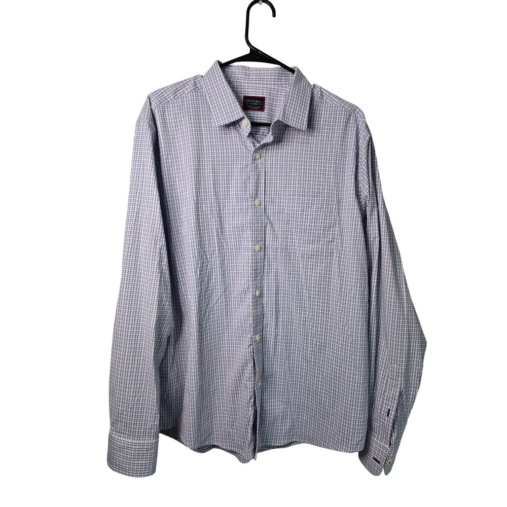 Untuckit Mens XL Gingham Plaid Button Down Shirt Blue Pink Stretch Performance